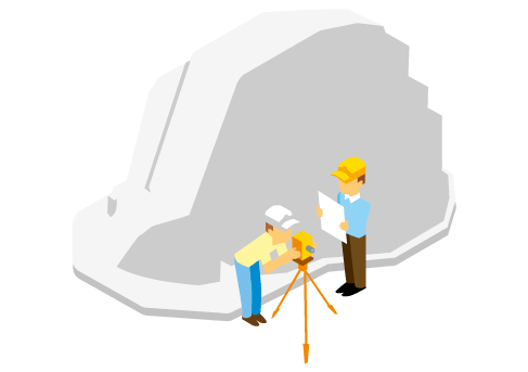 Ilustración de casco gigante al lado unos ingenieros con herramienta teodolito 